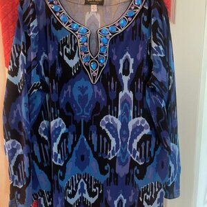 Bob Mackie's Ikat Print Blouse with Jeweled Neckline - L